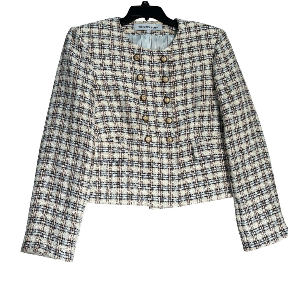 Veronica Beard Bently Tweed Blazer Women 12 Plaid Double Breasted Crest Buttons